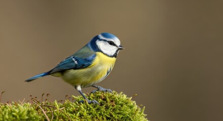 Blue tit perched on mossy branch in natural habitat