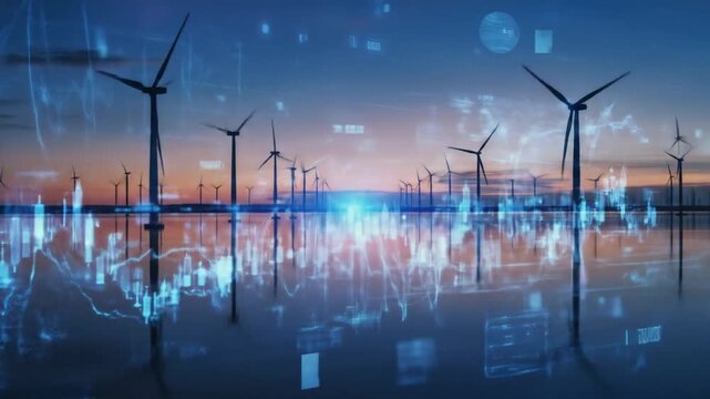 Futuristic wind farm at sunset with digital overlays showcasing renewable energy data analytics