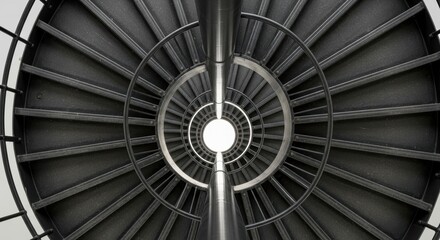 Black spiral staircase with central circular opening and metal railings