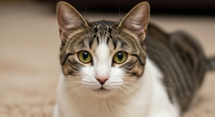 Close-up of alert tabby cat with green eyes lying on beige carpet