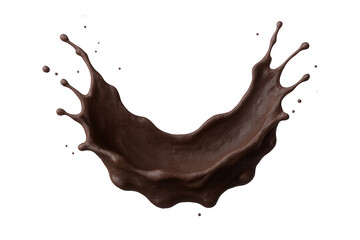 Chocolate crown splashing, arcing liquid cocoa with dynamic droplets floating against transparent surface, revealing luxurious texture