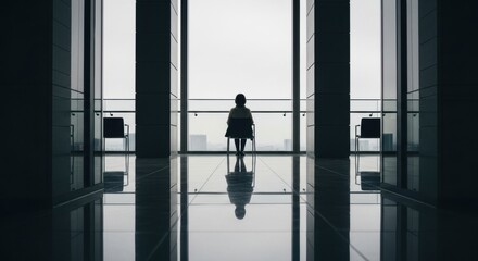 Solitary reflection of female asian adult in modern office space