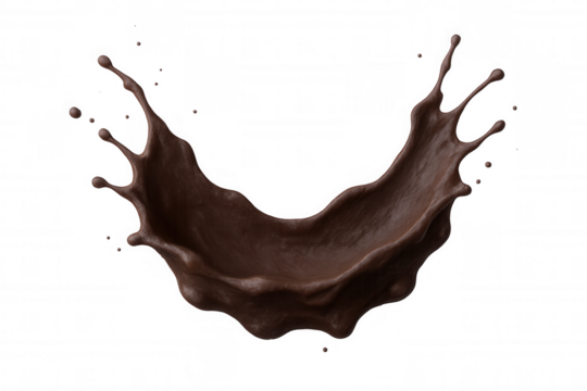 Chocolate crown splashing, arcing liquid cocoa with dynamic droplets floating against transparent surface, revealing luxurious texture