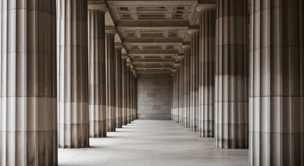 Majestic stone columns in symmetrical architectural hallway