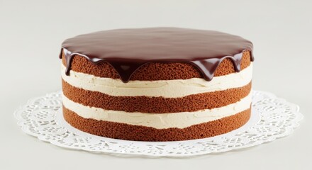 Chocolate ganache layer cake on lace doily with cream filling