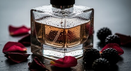 Elegant perfume bottle with water droplets surrounded by rose petals and blackberries