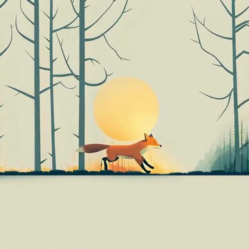 A cartoon-style fox running through a forest, playful and energetic scene, vibrant colors, whimsical woodland atmosphere