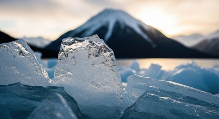 Majestic ice formations before snow-capped mountain at sunset