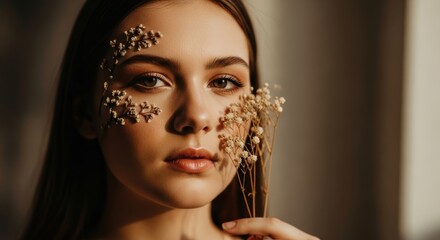 Young caucasian female with floral face art holding dried flowers in soft light