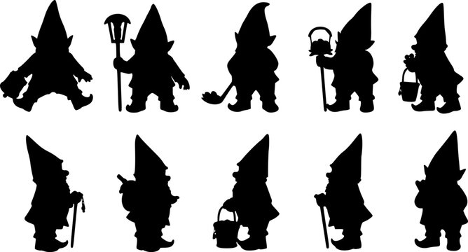 Silhouette fantastic gnome in the garden and in search of treasure. Laser cutting poses fairy tale dwarf elf. Isolated vector illustration on white background.