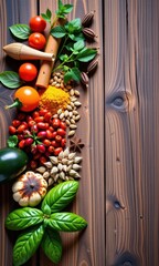 Aromatic herbs and spices arranged on rustic wood, showcasing vibrant colors and textures, root, background