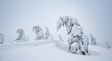 Snow-covered trees in winter landscape with overcast sky