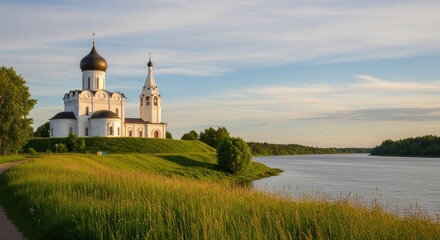 Serene landscape with historic orthodox church by riverside at sunset