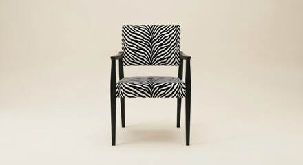 Modern zebra print chair with black wooden legs on neutral background