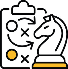 Clipboard with strategy plan and chess knight piece illustrating business tactics and planning concept