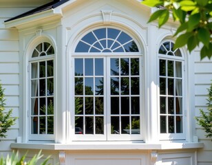 Fototapeta premium Elegant French pane bay windows, adding architectural charm and natural light to any home. Classic design, intricate detailing, perfect for traditional or mode, interior design, interior, exterior