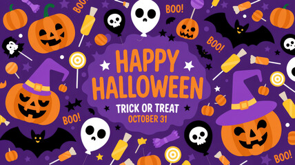 Happy Halloween pumpkins bats and candy illustration