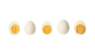 Flying boiled chicken eggs on white background