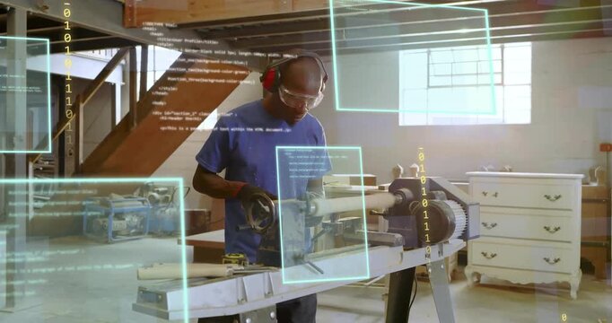 Woodworker placing piece on lathe activating AR tech visualizing code fading as coworker walking