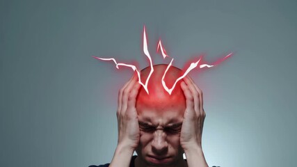 This video visually represents a severe headache, with red lightning-like lines radiating from the head, symbolizing intense pain, stress, neural tension, and discomfort. - Powered by Adobe
