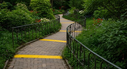 Scenic Garden Pathway with Yellow Stripes.