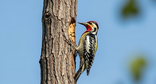 Yellow-bellied Sapsucker on Tree Trunk.