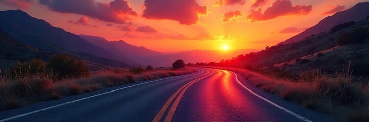 A winding road disappearing into a vibrant sunset, symbolizing the exciting possibilities and unknown adventures that lie ahead on life's journey , nature, opportunity