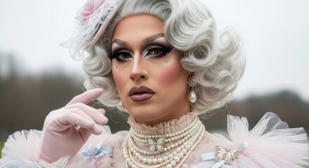 Glamorous drag queen in vintage attire with pearls and feathered hairstyle