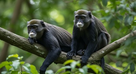 Obraz premium Two de brazza's monkeys perched peacefully on a tree branch in their natural habitat