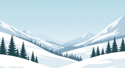 Serene snow clad mountains with evergreens, a picturesque winter scenery background illustration,