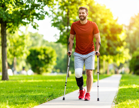 Amputee Man Walking with Crutches in Sunny Park, Prosthetic Leg, Determination.