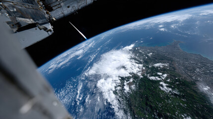 A stunning visual of Earth with a rocket streaking upwards, celebrating the interplay between human technology and the natural beauty of our planet, highlighting exploration and ambition.