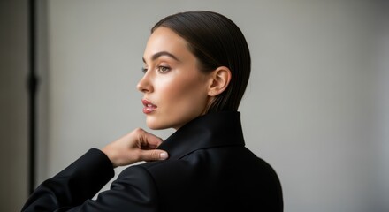 Elegant young caucasian female in stylish black attire posing gracefully in modern setting