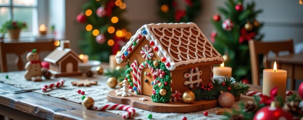 Naklejka premium A charming gingerbread house centerpiece sits on a rustic Christmas table, surrounded by festive decor, leaving ample space for text or branding, inviting, spice