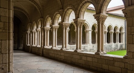 Historic stone cloister with arched columns and sunlit passageway