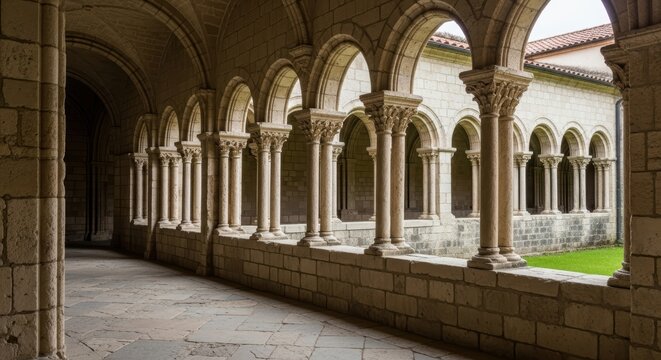 Historic stone cloister with arched columns and sunlit passageway