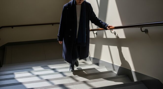 Male adult descending stairs in shadowed hallway - Powered by Adobe