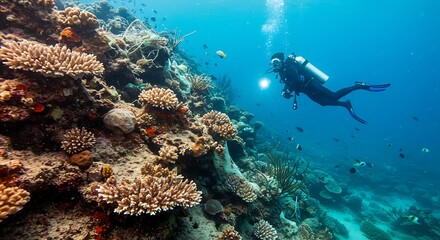 Fototapeta premium Scuba diver exploring vibrant coral reef ecosystem.