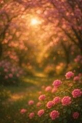 Dreamy garden bokeh with blurred flowering trees and golden afternoon sunlight creating magical atmosphere