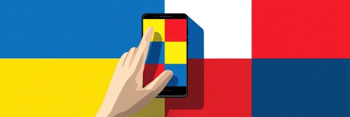 A hand interacts with a smartphone displaying a creative design featuring the flags of Ukraine and France, merging colors in an artistic manner.
