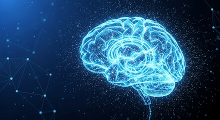 Glowing polygonal brain is processing data on blue background