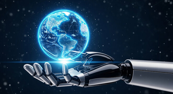 Robotic arm holding glowing earth: artificial intelligence and global connectivity