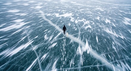 Obraz premium Solitary figure and dog walking on frozen lake with cracked ice patterns