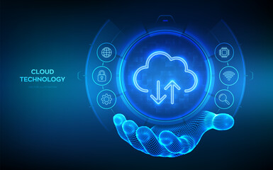 Cloud computing service. Cloud icon in wireframe hand. Cloud services technology concept. Database storage, Data center. Upload download app. Backup and synchronization data. Vector illustration.