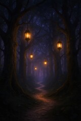 Magical forest pathway illuminated by floating lanterns creating enchanted fairytale atmosphere during twilight hours