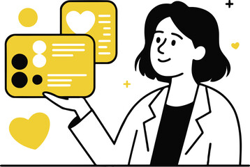 Naklejka premium Illustration of a doctor presenting online consultation service, isolated on white background, representing digital healthcare, communication, and social media with heart icons