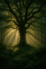 Majestic oak tree with golden sunbeams filtering through misty morning forest creating magical woodland atmosphere