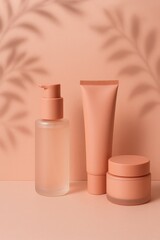 Minimalist coral pink backdrop with natural shadow play perfect for feminine beauty and wellness product photography