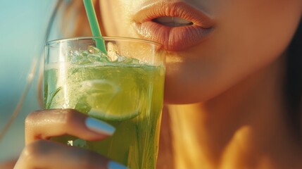 Fototapeta premium Close up of lips enjoying a refreshing green drink at a sunny summer gathering with friends