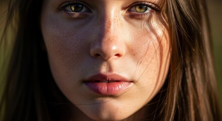 Close-up portrait of young caucasian female with freckles and brown hair